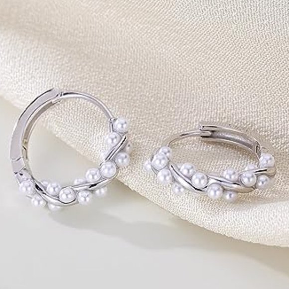 Silver Pearl Twist Vines Hoops Pretty Wedding Little Hoop Earrings Pearls New - Picture 1 of 8